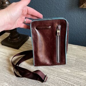 Piquadro Men's Brown Leather Crossbody Belt Bag with Light Blue Trim